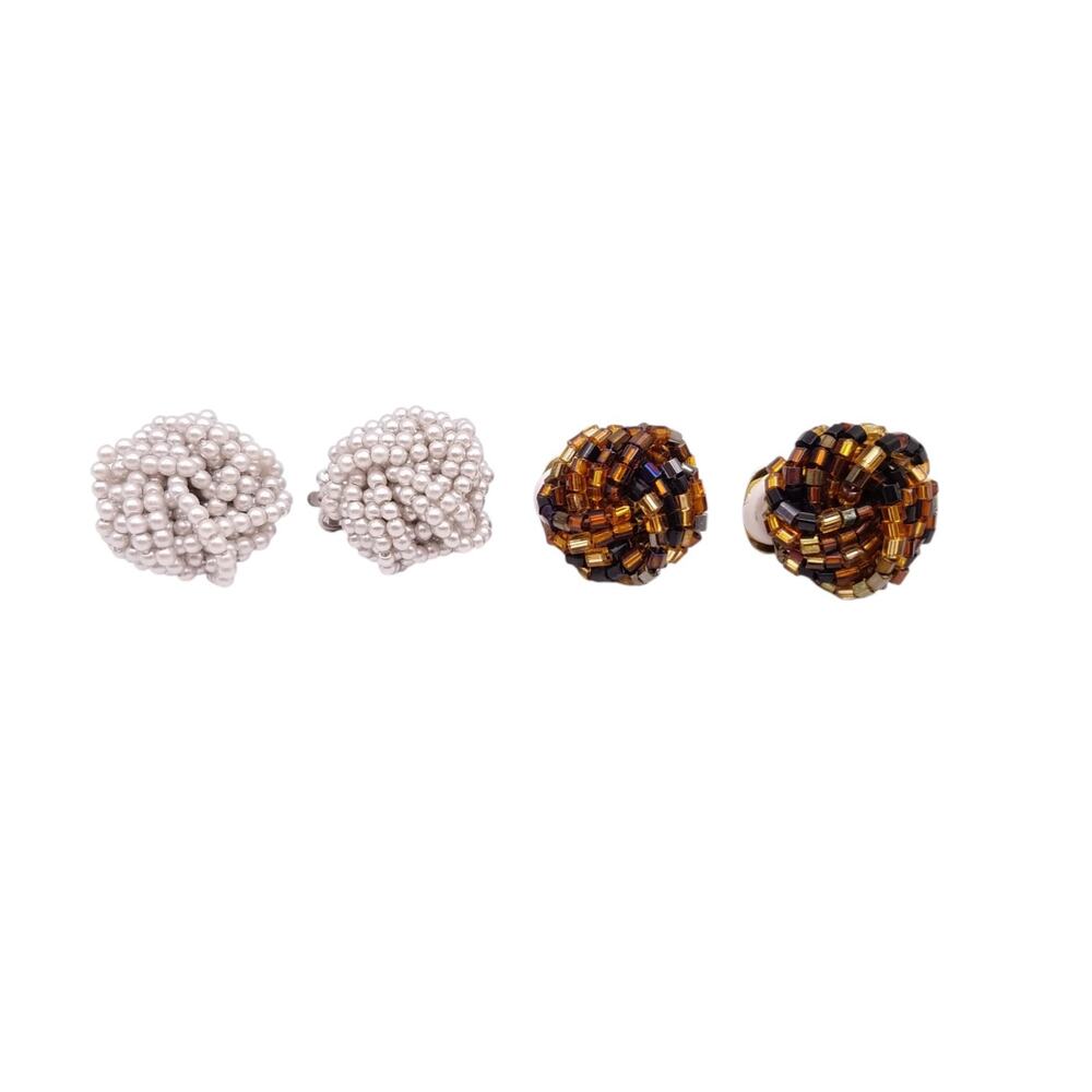 Vintage 2X Earrings Clip On Silver Brown Black Seed Bead Cluster Lot Of 2